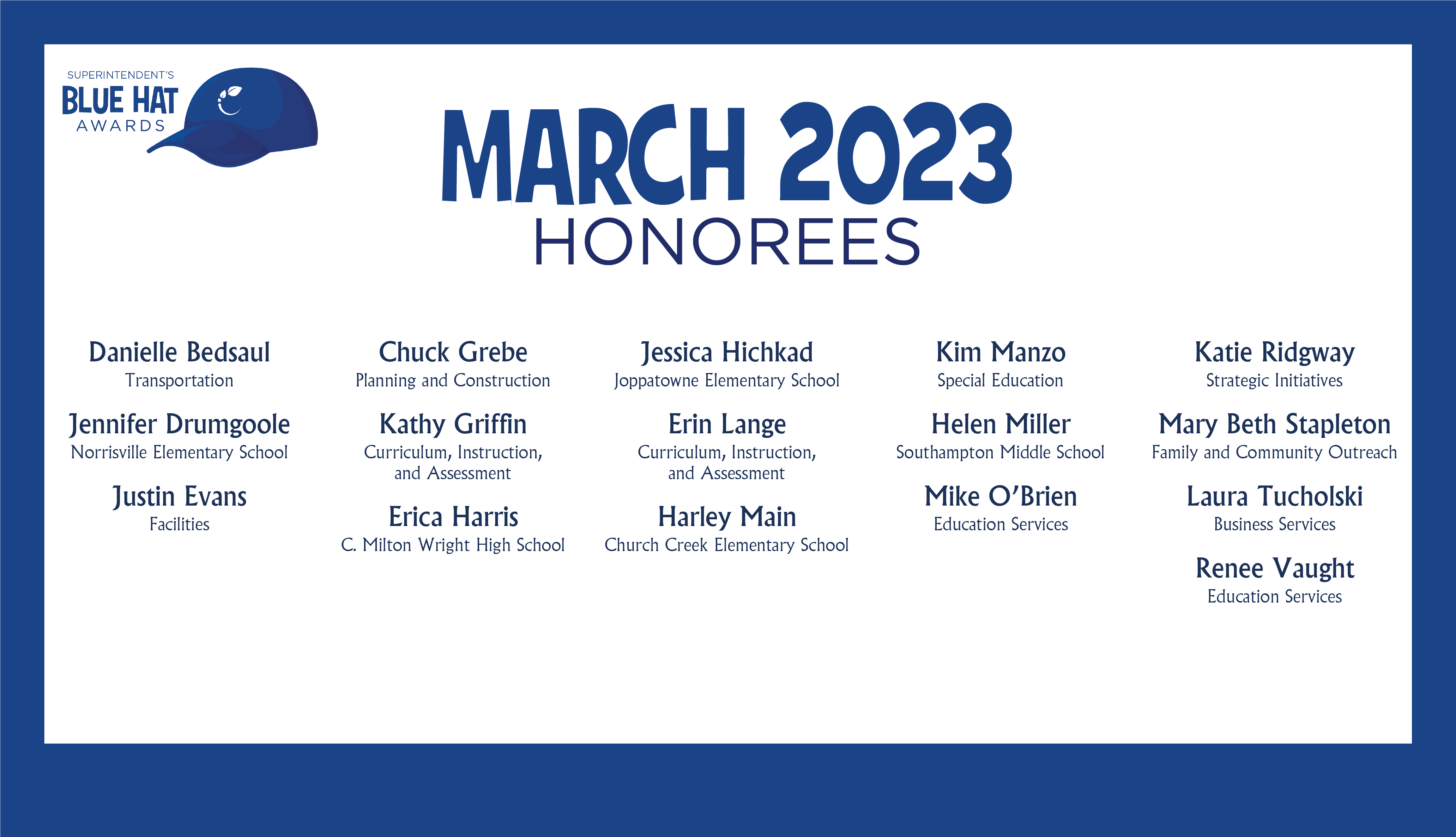 HCPS Blue Hat Honorees - March 2023